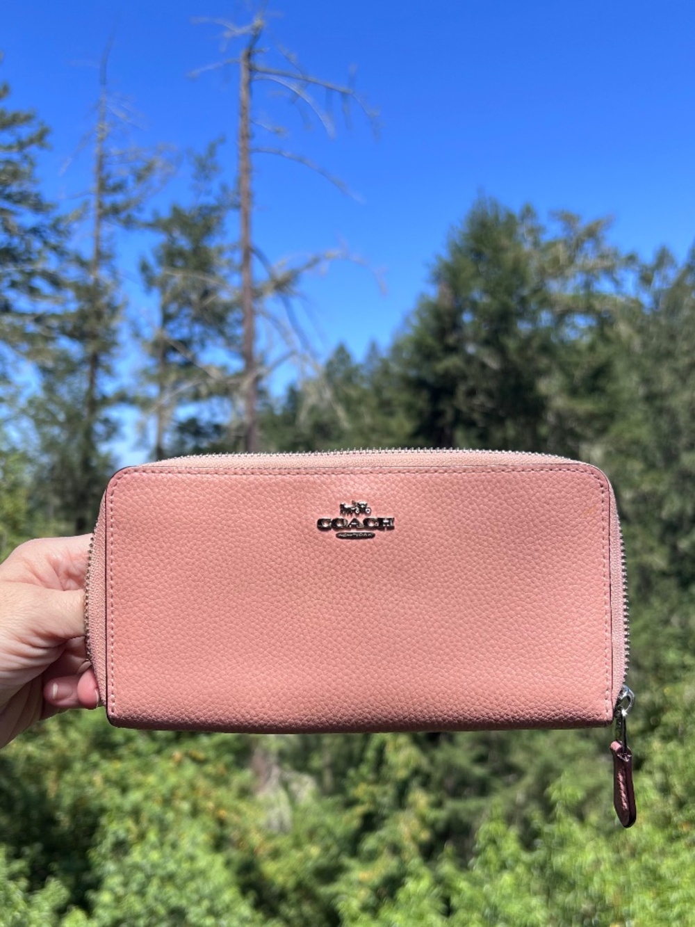 COACH Long Zip-Around PINK Pebble Leather Wallet Silver Hardware AUTHENTIC